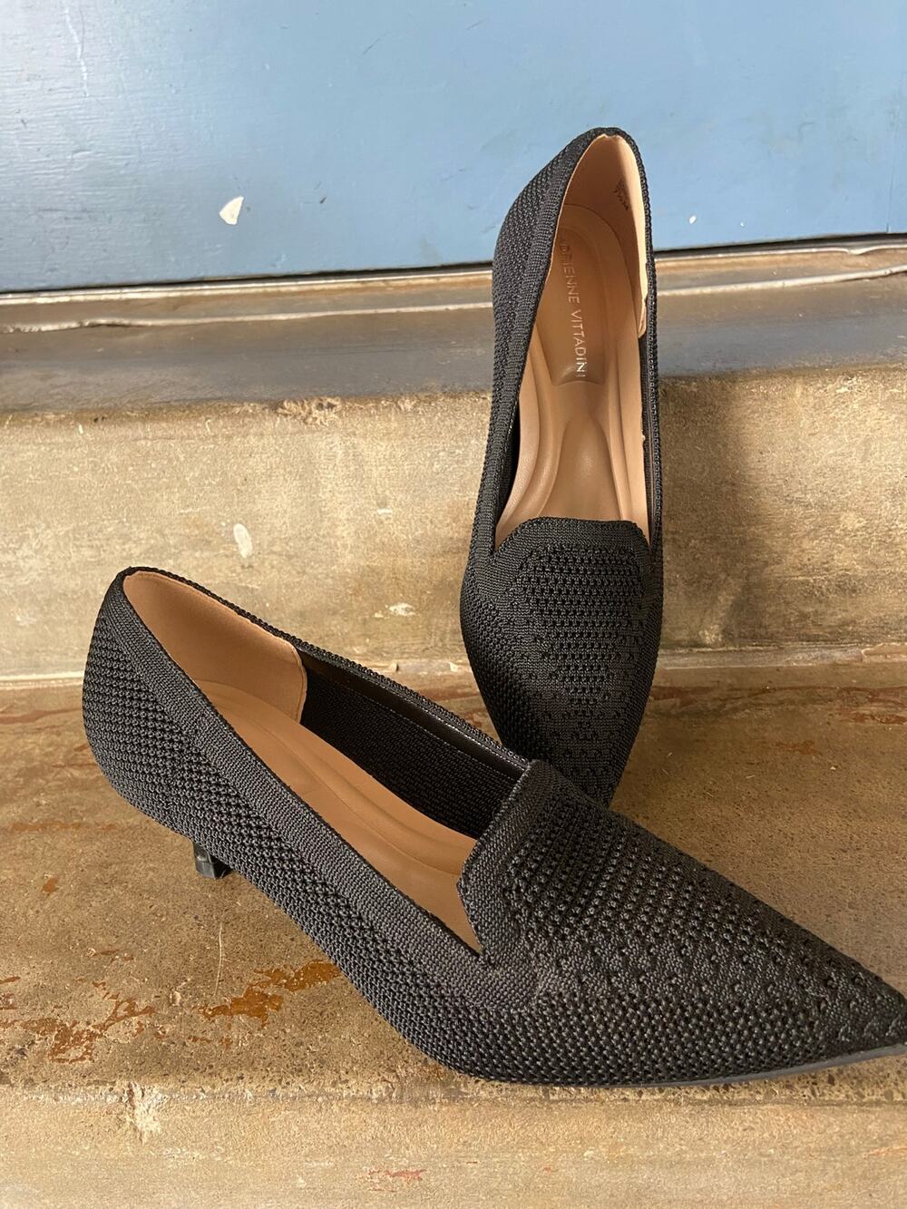 Adrienne Vittadini “Skippy” black pointy toe knit pump with kitten heel